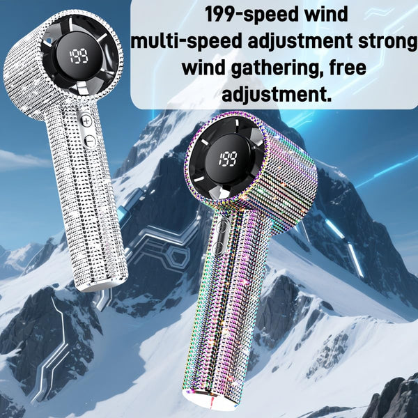 BreezJoy Full Diamond Portable Handheld Turbo Fan,199 Gear Portable Rhinestone Fan,USB Rechargeable Bass with LED Digital Display Screen Bling Fan.For Outdoor/Beach/Camping/Home use