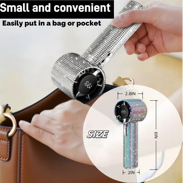 BreezJoy Full Diamond Portable Handheld Turbo Fan,199 Gear Portable Rhinestone Fan,USB Rechargeable Bass with LED Digital Display Screen Bling Fan.For Outdoor/Beach/Camping/Home use