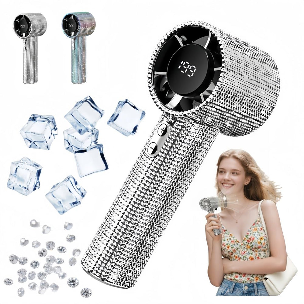 BreezJoy Full Diamond Portable Handheld Turbo Fan,199 Gear Portable Rhinestone Fan,USB Rechargeable Bass with LED Digital Display Screen Bling Fan.For Outdoor/Beach/Camping/Home use