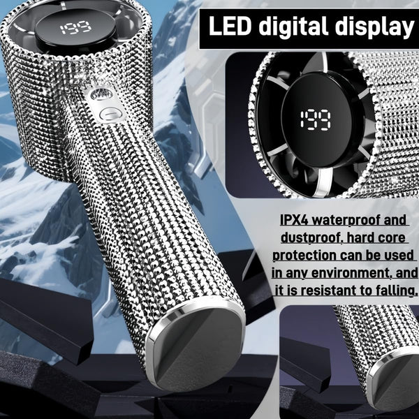 BreezJoy Full Diamond Portable Handheld Turbo Fan,199 Gear Portable Rhinestone Fan,USB Rechargeable Bass with LED Digital Display Screen Bling Fan.For Outdoor/Beach/Camping/Home use