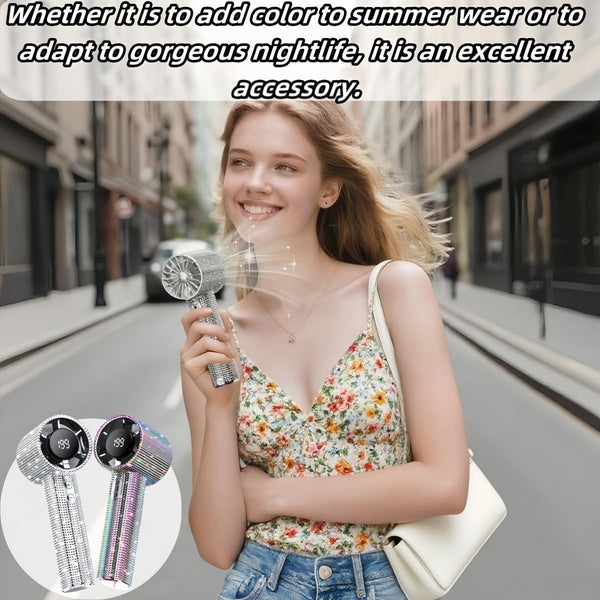 BreezJoy Full Diamond Portable Handheld Turbo Fan,199 Gear Portable Rhinestone Fan,USB Rechargeable Bass with LED Digital Display Screen Bling Fan.For Outdoor/Beach/Camping/Home use