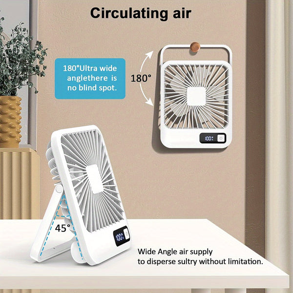 BreezJoy Rechargeable Desk Fan , Featuring a 180° Foldable Design And Power Display. This Ultra-Quiet Desktop Fan Is Ideal for Home, Office, Travel, And Outdoor Use, Offering 5 Speed Settings