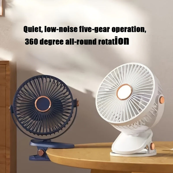 2026 BreezJoy New Upgraded Portable Clip Fan, USB Rechargeable Desk Fan, Quiet Camping Fan, 5-Speed USB Fan, Powerful Airflow, Sturdy Clamp, Available in 4 Colors, Suitable for Golf Carts, Office Desks, Outdoor Travel, Tents, Gym Treadmills
